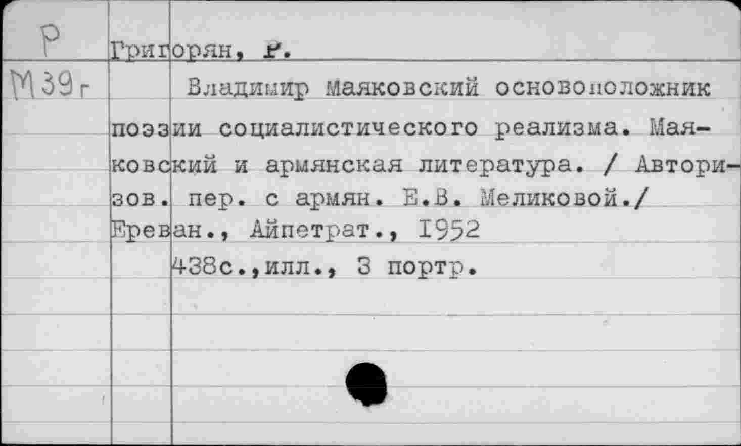 ﻿р	Григ	ОРЯН, Р. .
М39г		Владимир Маяковский основоположник
	поэз ковс	ии социалистического реализма. Мая-кий и армянская литература. / Автори-
	зов.	пер. с армян. Е.В. Меликовой./
	Ерев	ан., Айпетрат., 1952
		438с.,илл., 3 портр.
		
		
		
(		
		